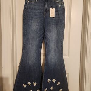 Forever 21 Blue Flare Jeans with Daisy Embroidery